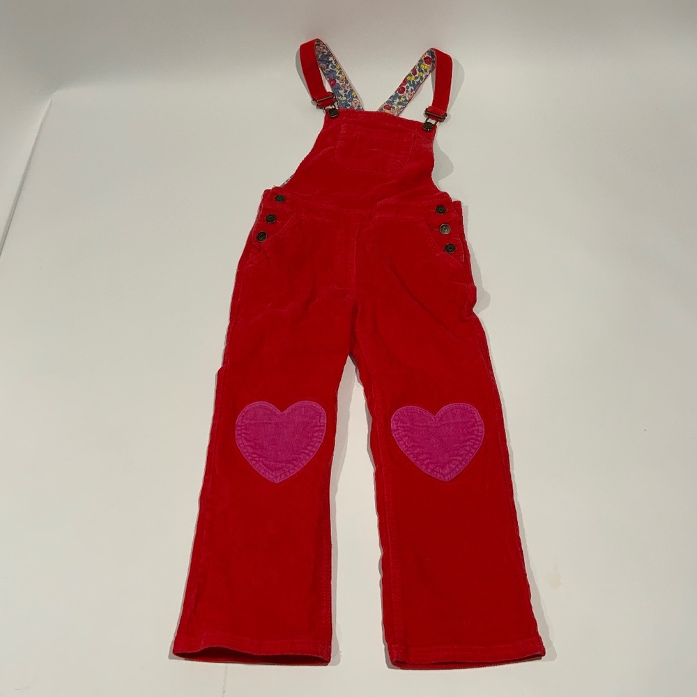 Mini Boden Red Overalls with Pink Heart Patches